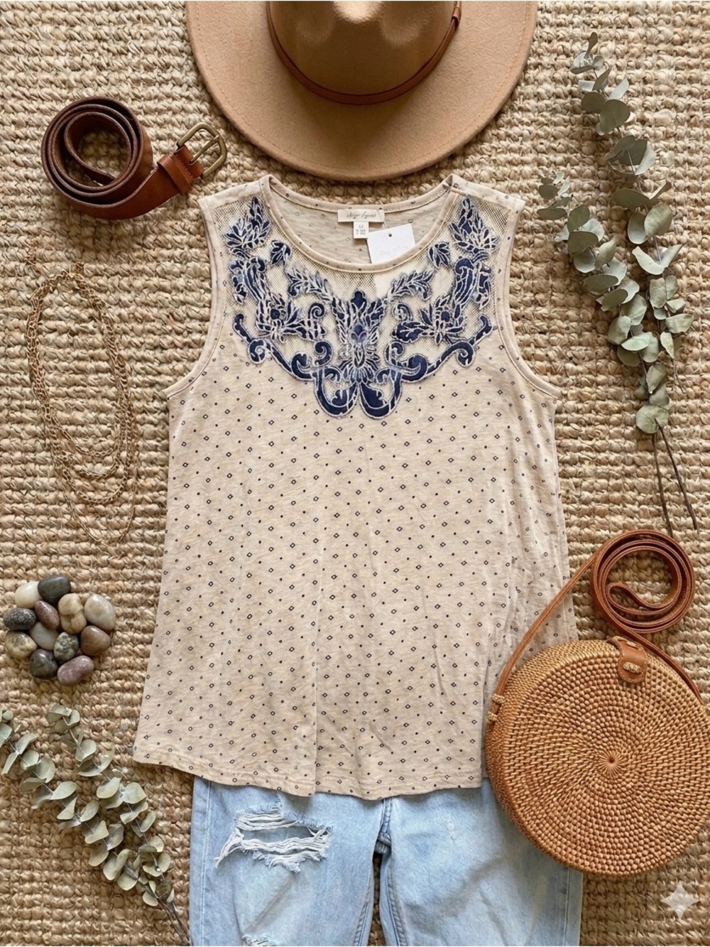 Lucky Brand Boho Embroidered Mesh Accent Tank - M